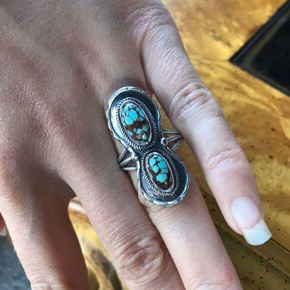 Natural Royston Blue Horizon Turquoise Sterling Silver Horseshoe Ring Size 9 - Picture 2 of 9